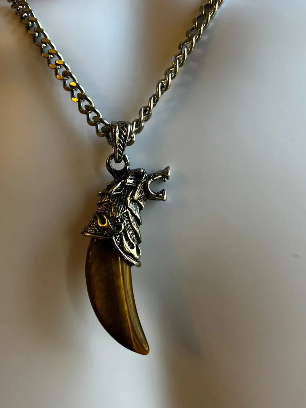 Tiger Eye Gemstone Tusk AND Men's Chunky 20 inch Stainless Steel Chain